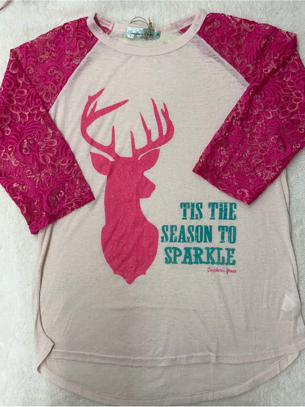 Southern Grace Cream & Hot Pink Lace Raglan Top with Teal Sparkle Graphic
